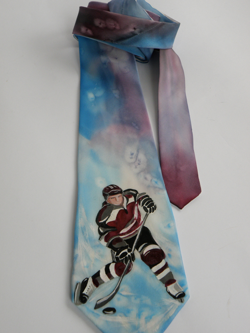 Hand painted silk necktie Hockey